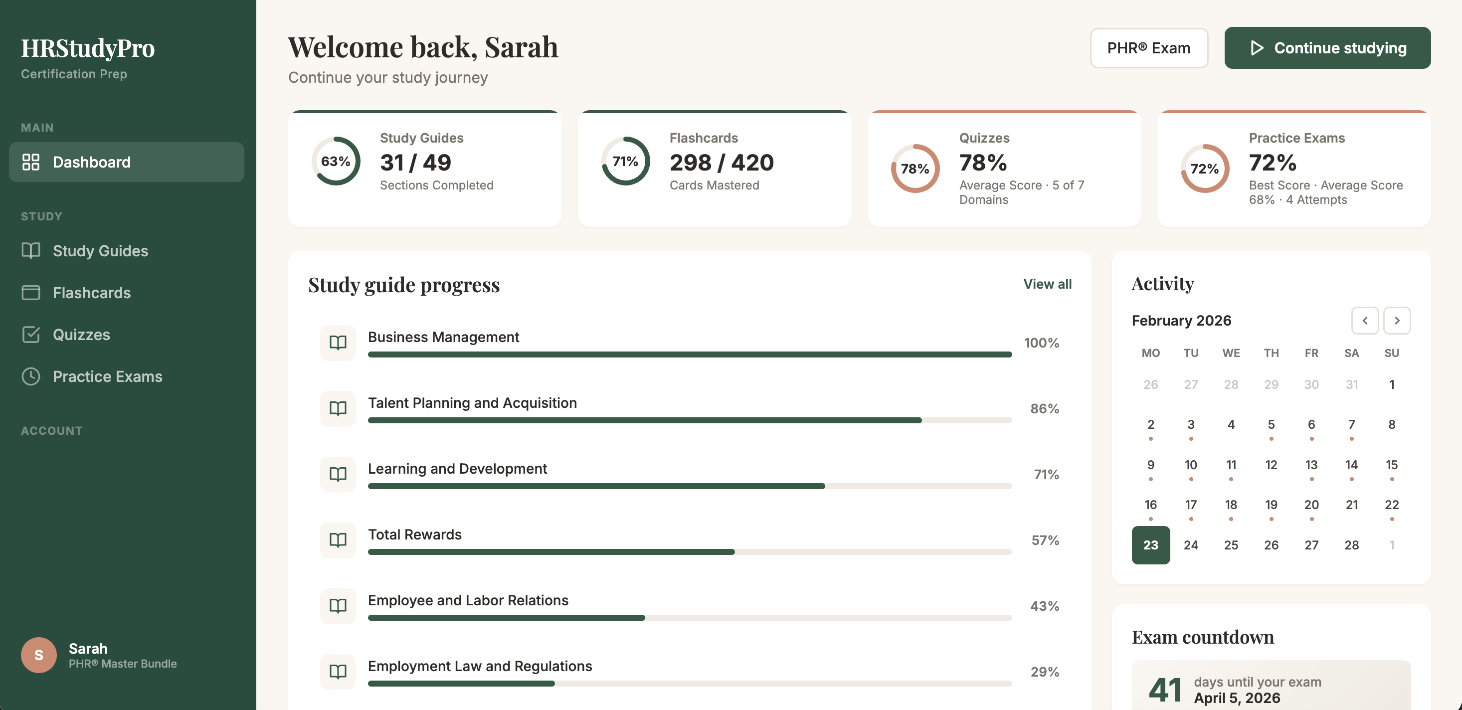 HRStudyPro study dashboard showing progress tracking across study guides, flashcards, quizzes, and practice exams
